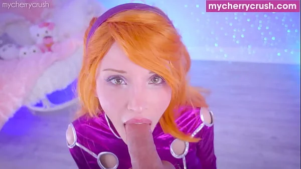 Sexy Starfire Cosplay Redhead gives a wet blowjob