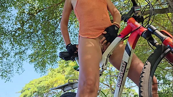 NO PANTIES Biking in Public Park # CLOSE UP Fuck n PEE my Bike for you