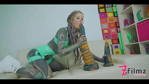 Extreme TATTOO dreadhead ANAL riding huge TOY