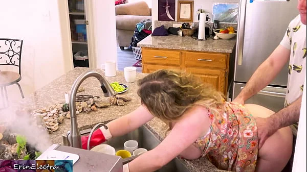 Free use MILF stepmom fucked in the kitchen while washing dishes