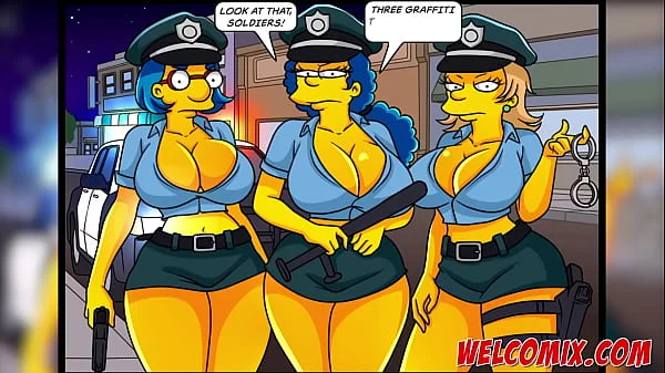 Three guys fucking hot and busty police officers! Police costume! The Simptoons, simpsons porn